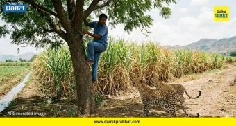 Leopard Attack : काळजाचा ठोका चुकला! समोर अचानक दोन बिबटे; जीव वाचवण्यासाठी शेतकरी थेट झाडावर