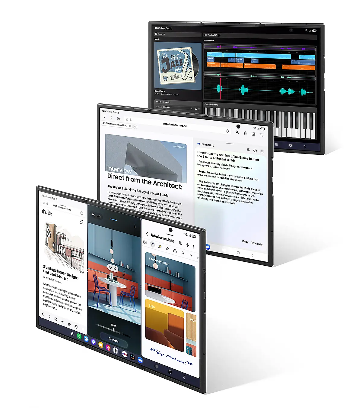 Samsung Galaxy Z TriFold unfolded with multi-window apps demonstrating productivity features