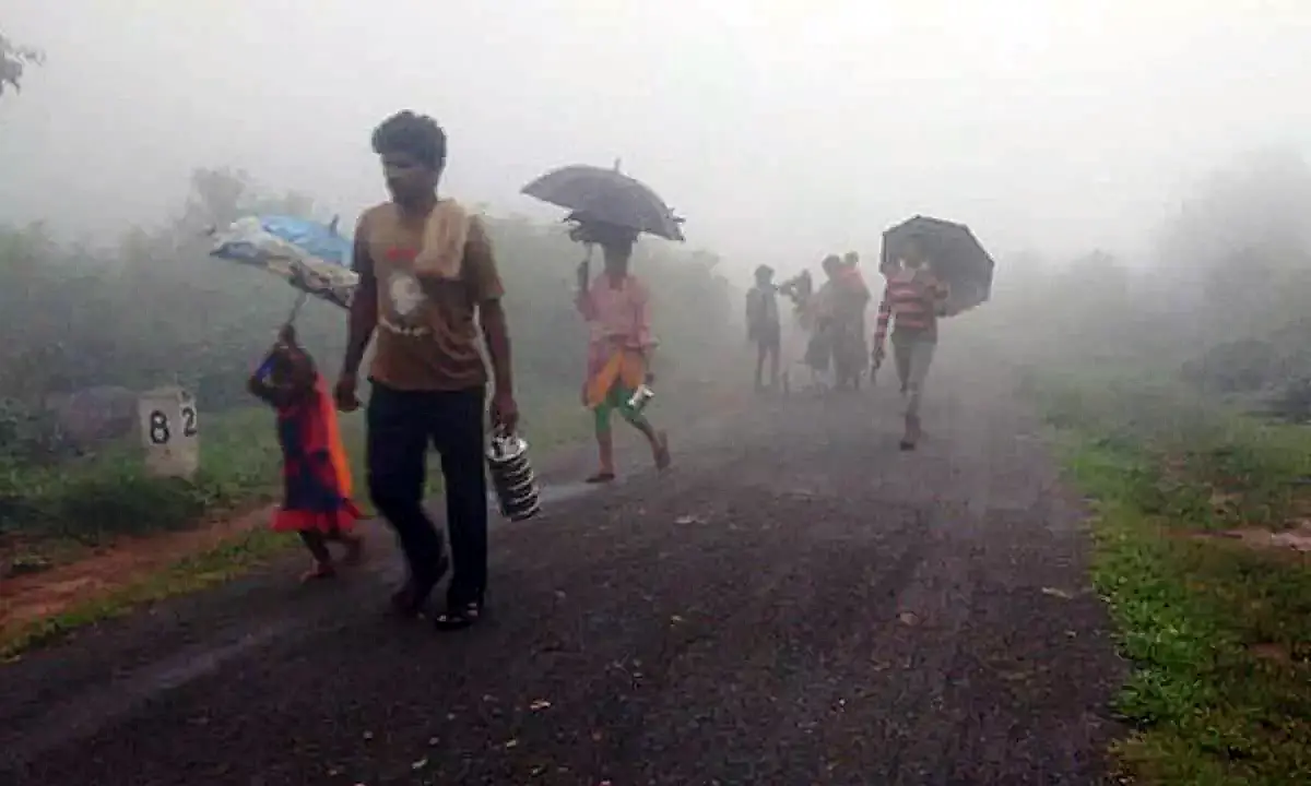 Villagers in Adilabad district, Telangana walking through heavy morning fog during the cold wave, carrying umbrellas and daily essentials.