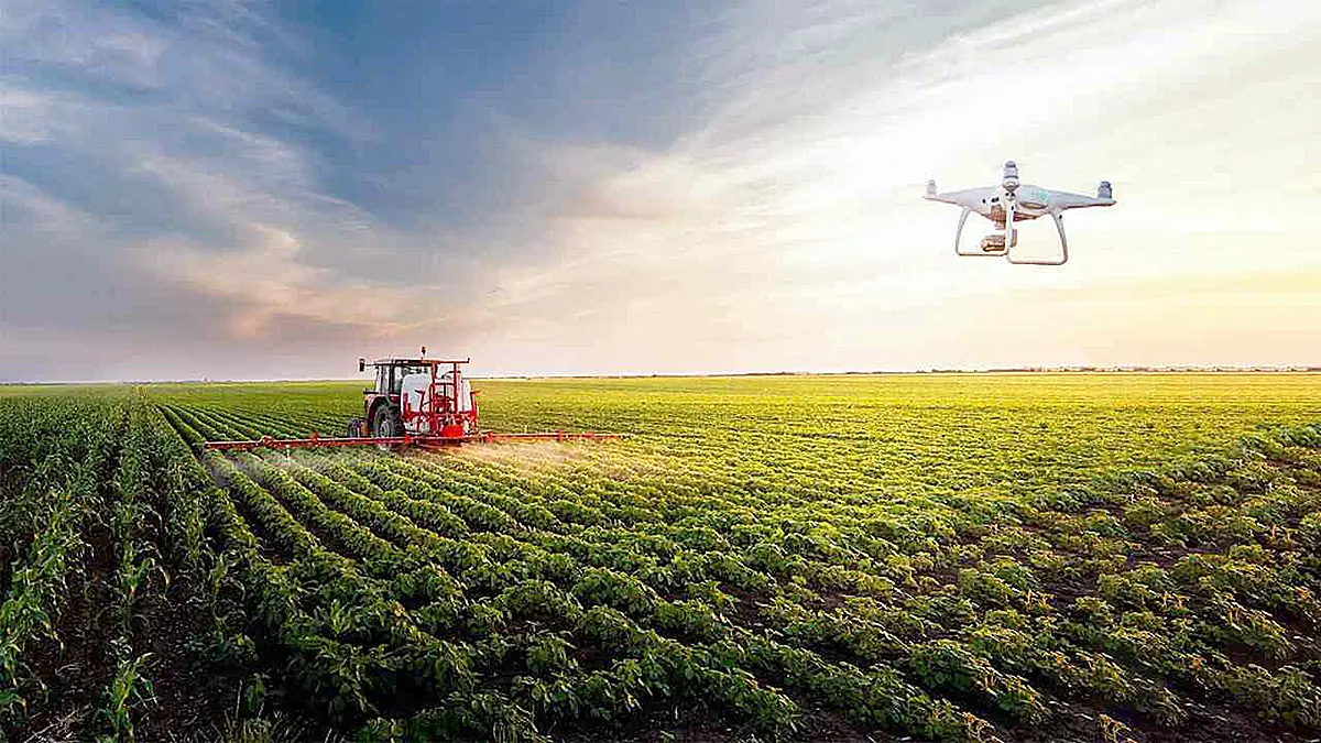 Modern farming with tractor and drone showcasing mechanisation and agri-tech adoption in India