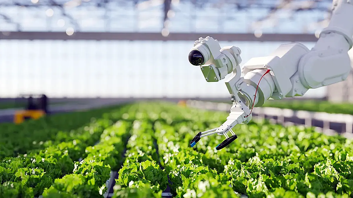 AI-powered agricultural robot working in greenhouse as part of smart farming ecosystem