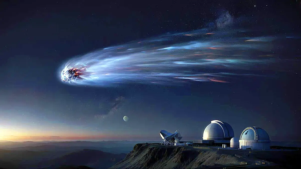 Artistic illustration of 3I/ATLAS over observatories