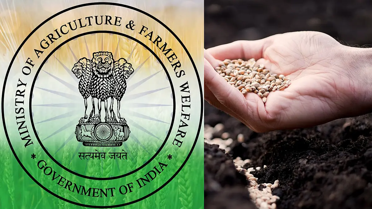 Government of India emblem alongside seeds in a farmer’s hand, representing policy decisions affecting the seed sector.