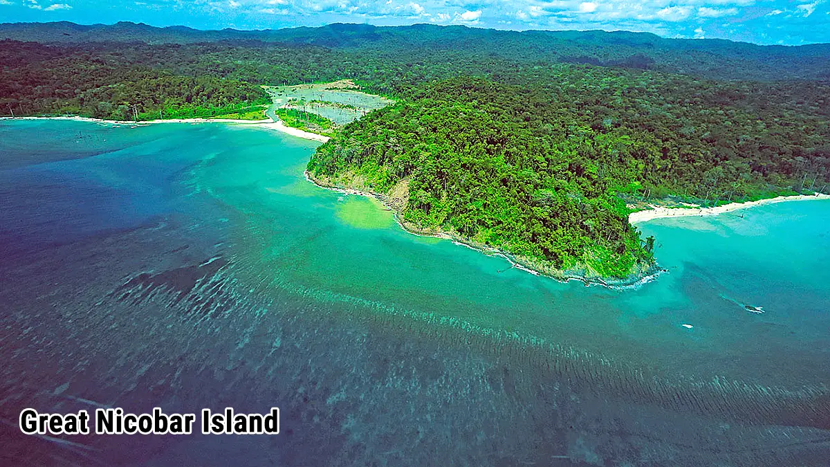 Aerial view of Great Nicobar Island showing dense forests and coastal ecosystem