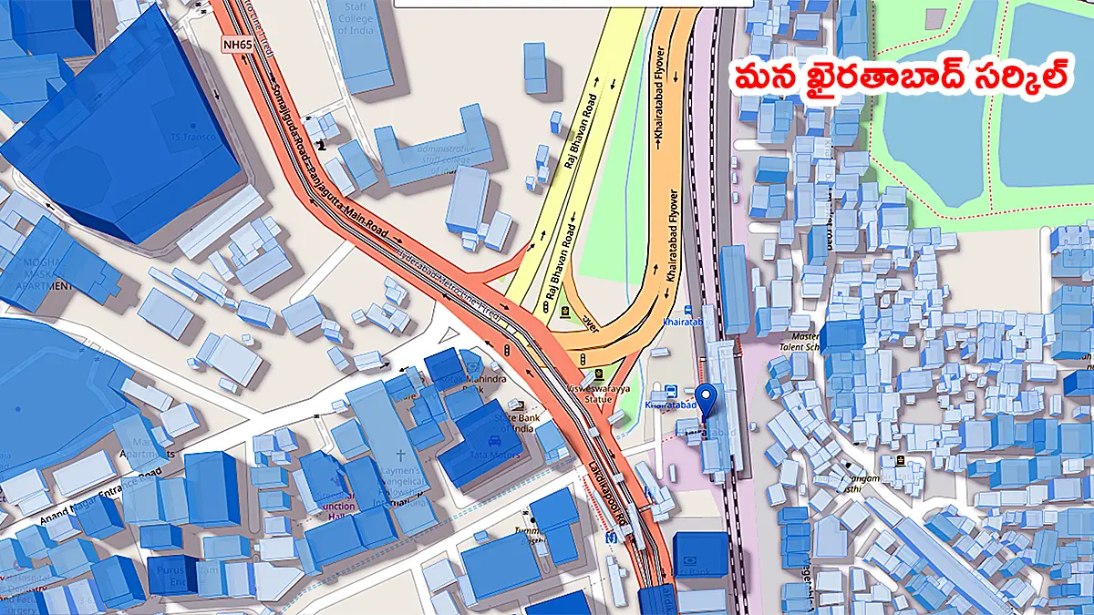 3D building height map of Khairatabad Circle in Hyderabad, showing roads, flyovers and surrounding structures in varying blue shades.