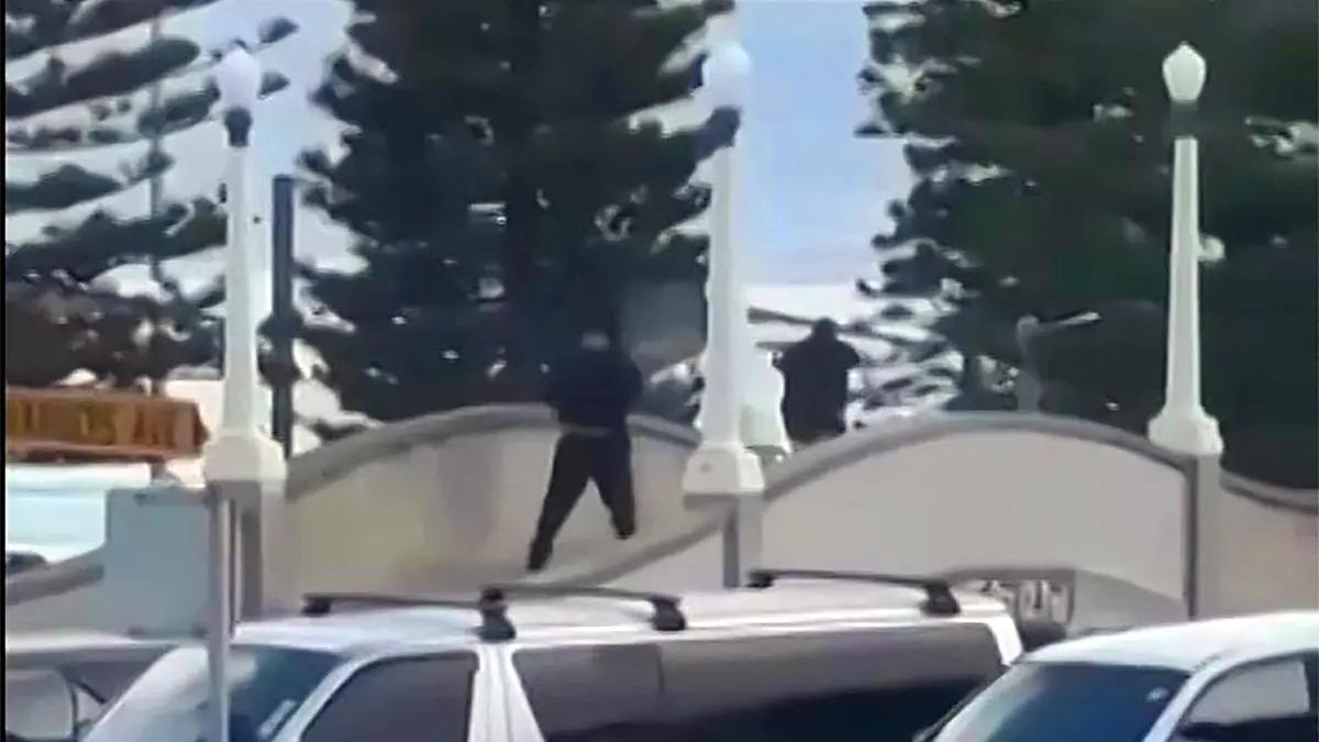 Video grab showing armed attackers in black clothing firing from an elevated position during the Bondi Beach Hanukkah shooting