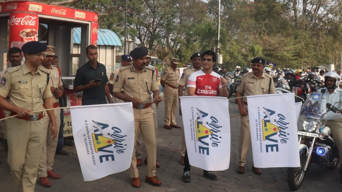 Actor Nikhil Siddhartha and Joint CP Joel Davis launch Arrive Alive Road Safety Campaign in Hyderabad