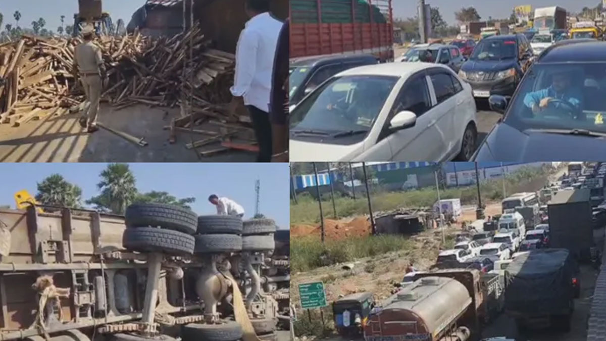 Hyderabad-Vijayawada Highway | నడిరోడ్డుపై పల్టీ కొట్టిన లారీ.. విజయవాడ హైవేపై 6 కిమీల మేర ట్రాఫిక్ జామ్